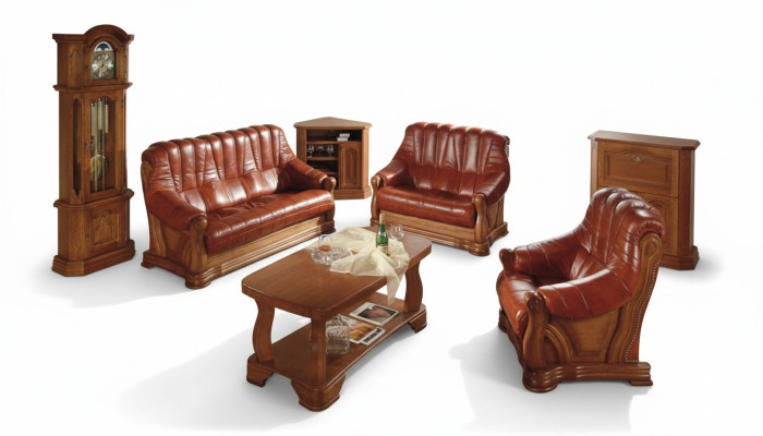 Wohnzimmer Sofagarnitur Couch Polster Sitz Sofa Leder Holz 3+2+1 Set