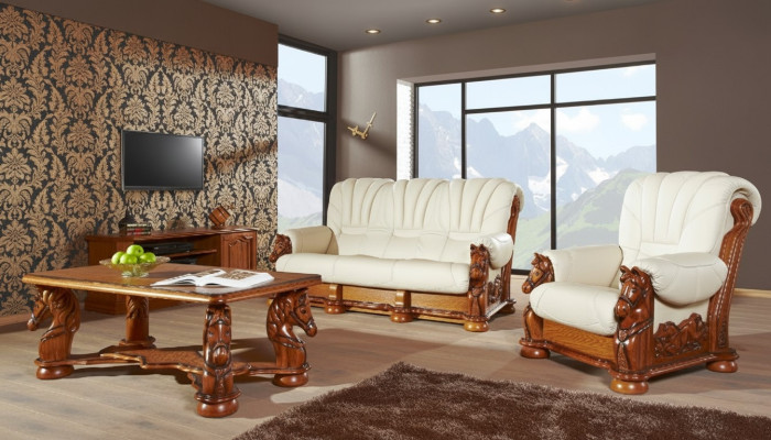 Klassische Sofagarnitur Couch Polster Sitz Garnitur Sofa Leder Holz 3+1+1 Set