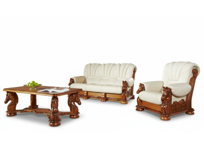 Klassische Sofagarnitur Couch Polster Garnitur Sitz Sofa Leder Holz 3+2+2 Set