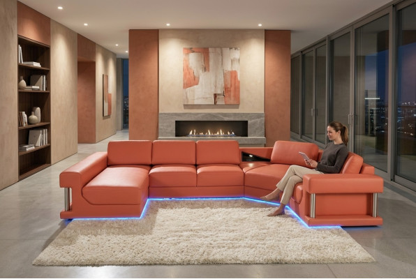 Ledersofa Wohnlandschaft Couch Ecksofa Eck Garnitur Design Modern Sofa mit USB