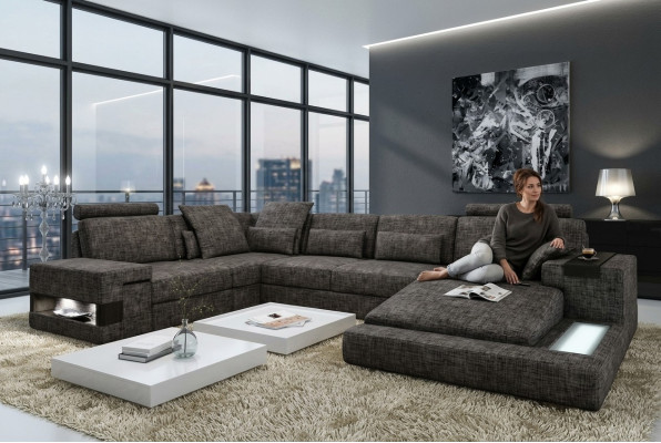 Ecksofa Ledersofa Sofa USB Polster Garnitur Form XXL Big Sofas Wohnlandschaft
