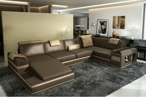 Ecksofa Sofa USB + LED Wohnlandschaft U Form Polster Couch Ledersofa Stoff Leder