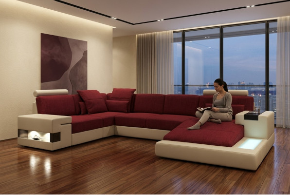 XXL Ecksofa U Form Ledersofa Sofa Polster Couch Leder Textil USB Wohnlandschaft