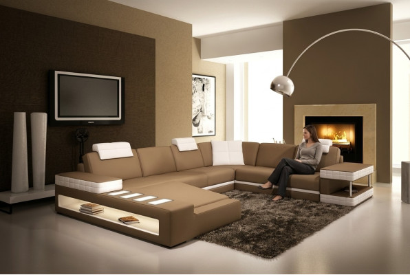 XXL Wohnlandschaft U Form Ledersofa Polster Ecksofa Sofa Couch Leder Textil USB