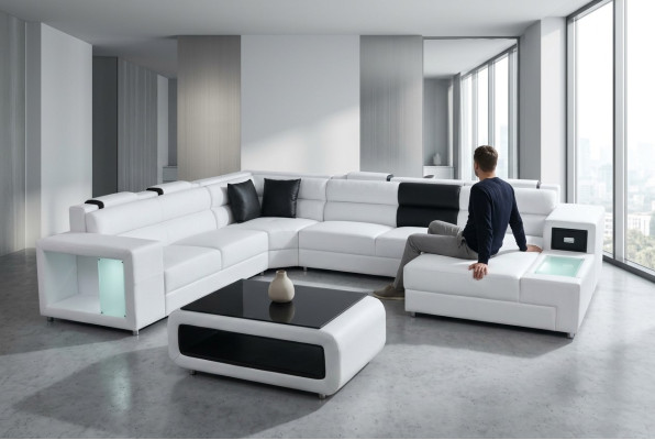 Design Leder Polster Ecke Leder Sitz Sofa USB Polster Eck Wohn Landschaft Zimmer