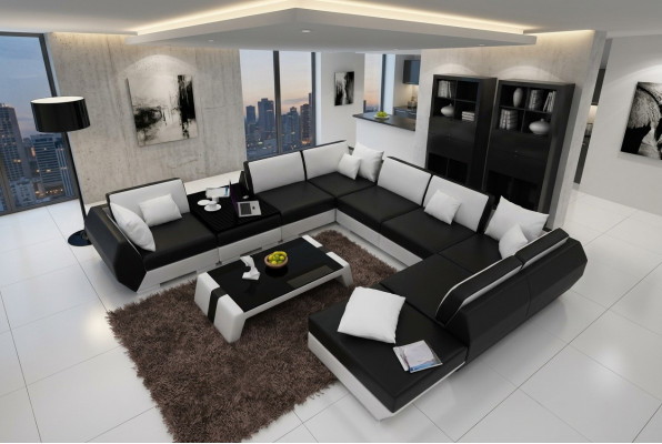 XXL Wohnlandschaft Ledersofa Design Polster Garnitur Couch Ecksofa Big Sofa +USB