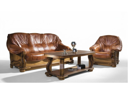 Klassische Sofagarnitur Polster 3+2 Sitzer Garnitur Leder Holzgestell