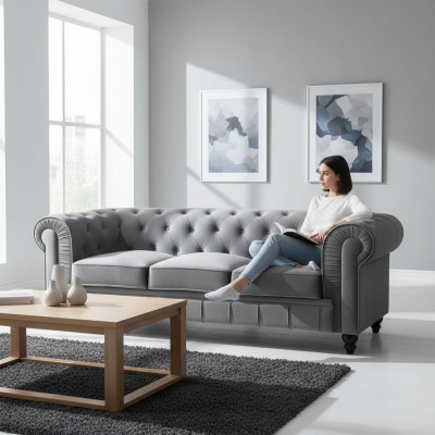 Chesterfield Sofa Couch Polster Stoff Leder Couchen  Polster Garnitur 3 Sitzers