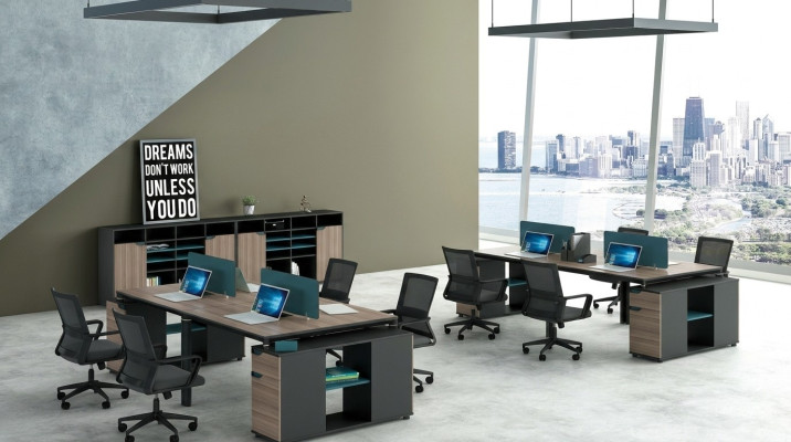 Büro Möbel Einrichtung Tische Tisch Callcenter Holz 4 Arbeitsplätze Schreibtisch