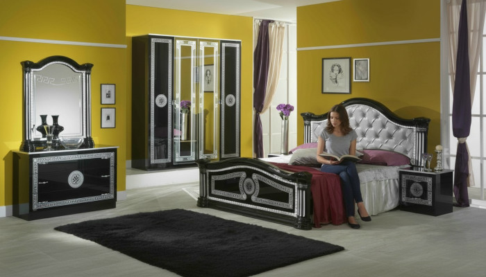 Schwarzes Schlafzimmer Komplett Set Kommode Stil Bett Garnitur 6tlg. Barock Neu