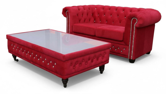 Chesterfield Textil Couch Polster 2 Sitzer Stoff Sofas Couchen Zweisitzer Rot