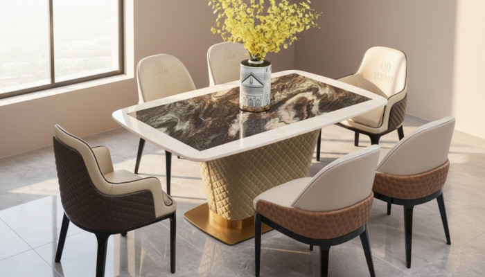 Tisch Esszimmer Garnitur Esstisch Stuhl Set 7tlg. Leder Edelstahl Lehn Stühle