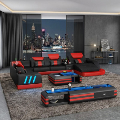 Ecksofa U-Form Sideboard Couchtisch Couch Design Grau Polster Leder Modern 3tlg.