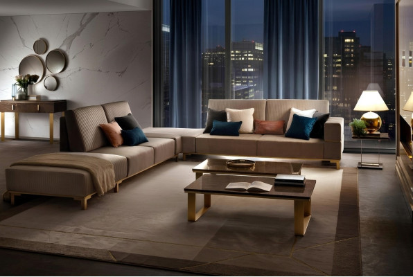 Luxus Möbel Ecksofa L Form Couch Design Polsterung Textil Sofas Holz Garnitur