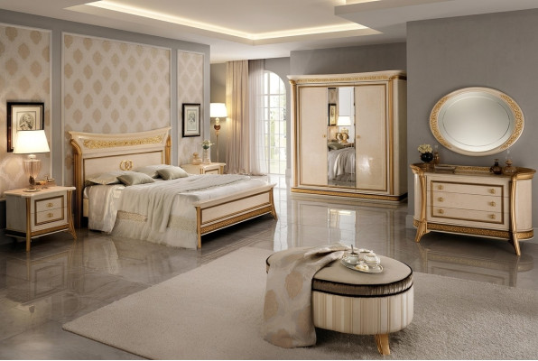 Schlafzimmer Set Design Bett 2x Nachttisch Kommode Hocker arredoclassic 7tlg.