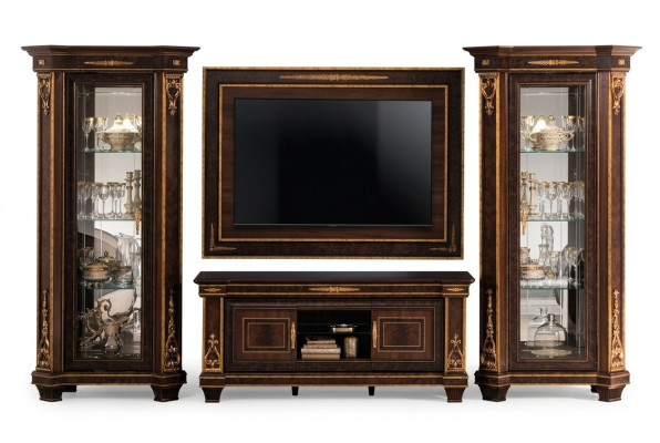 Wohnzimmer Komplettset Wohnzimmerkombination 4 tlg. Wohnwand Holz 2x Vitrine Neu