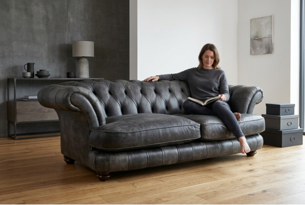 Chesterfield Big Xxl Couch % Leder Schwarzer 3-Sitzer Vintage-Stil
