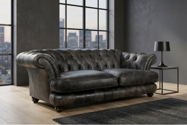Chesterfield Big Xxl Couch % Leder Schwarzer 3-Sitzer Vintage-Stil