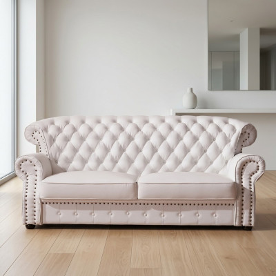 Weißer Dreisitzer Chesterfield Hohe Rückenlehne Echt Handarbeit Leder Couch