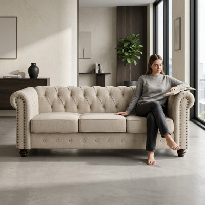 Chesterfield Sofa Couch Polster Stoff Leder Couchen  Polster Garnitur 3 Sitzers