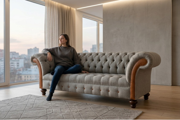 Chesterfield 3 Sitzers Klassische Luxus Barock Rokoko Couch Sofa Textil Couch