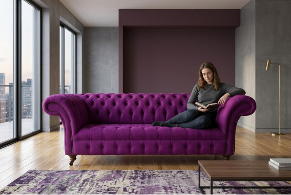 Chesterfield 3 Sitzers Klassische Luxus Lila Pink Rosa Sofa Couch Textil Couch