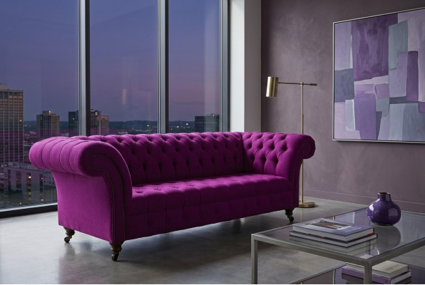 Chesterfield 3 Sitzers Klassische Luxus Lila Pink Rosa Sofa Couch Textil Couch