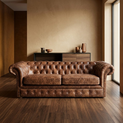 Braun Chesterfield 3 Sitzer Klassische Luxus Barock Sofa Textil Leder Couch Stil