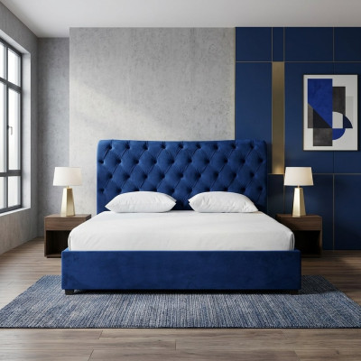 Blaues Chesterfield Doppelbett Schlafzimmer Luxus Möbel Polster Betten