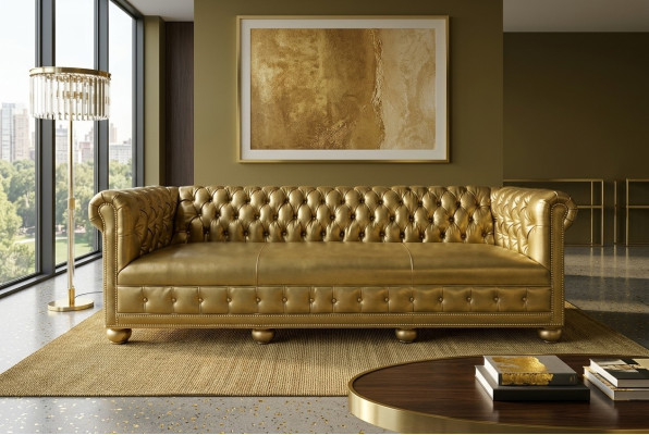 Chesterfield 4 Sitzer Sofa Couch Leder Garnitur Polster Sitz Stoff Gold Sitz Neu