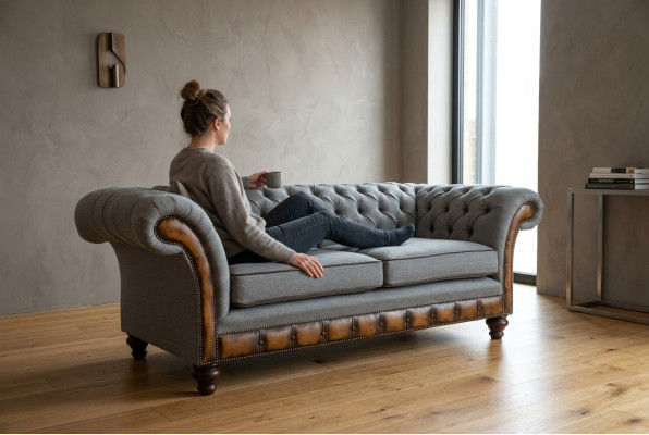 Graue Chesterfield Stoffsofa Couch Couchen Sofa Sitz Sofas Textil Neu Polster