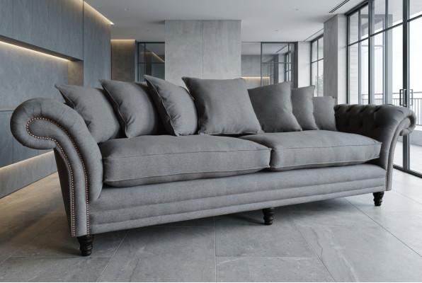 Klassische Chesterfield Couch 4 Sitzer Sofa Couch Samt Leder Design Grau 265cm