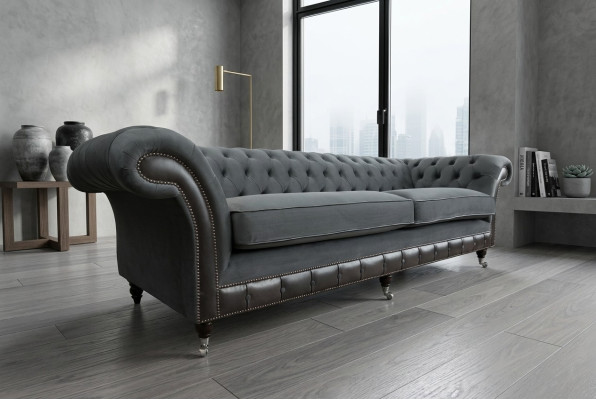 Klassische Chesterfield Couch 4 Sitzer Sofa Couch Samt Leder Design Schwarz Neu