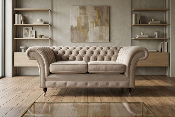 Chesterfield Sofa 2 Sitzer Polster Designer Couchen Sofas Garnitur Beige Samt