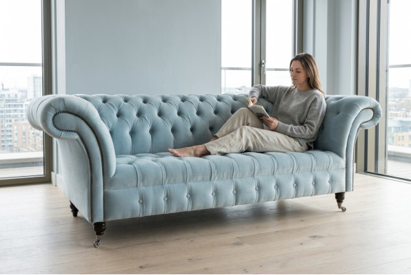 Chesterfield 3 Sitzer Polster Couch Leder Sofa Couchen Textil Modern Stil Blau