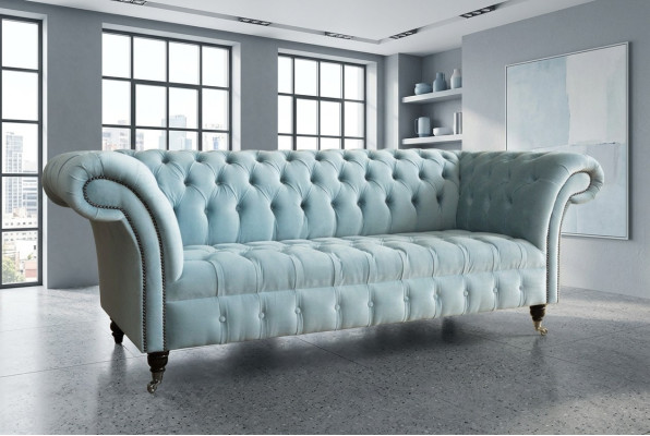 Chesterfield 3 Sitzer Polster Couch Leder Sofa Couchen Textil Modern Stil Blau