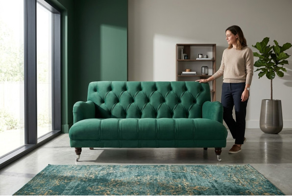 Chesterfield 2 Sitzer Polster Couch Leder Sofa Couchen Modern Stil Grün Textil