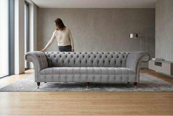 Klassische Chesterfield Sofa 4 Sitzer Sofas Couchen Leder Grau Design Polster