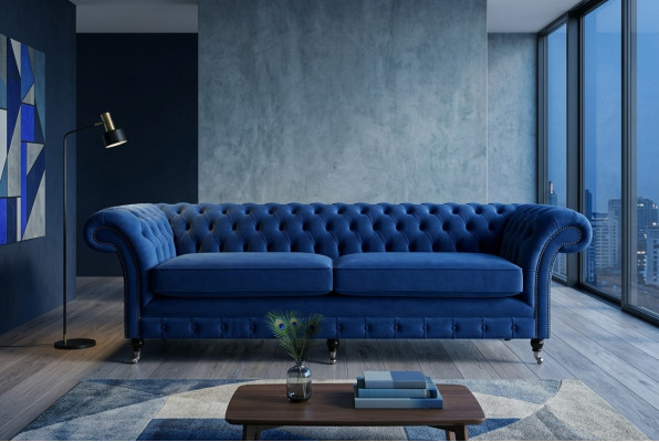 Klassische Chesterfield Couch 4 Sitzer Sofa Couch Samt Leder Blau Design Polster