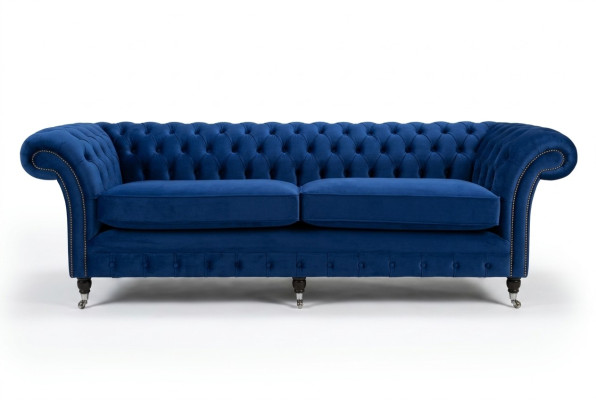 Klassische Chesterfield Couch 4 Sitzer Sofa Couch Samt Leder Blau Design Polster