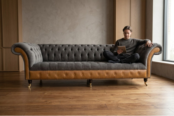 Grau-braune Chesterfield Couch Designer 4-Sitzer Luxus Couchen