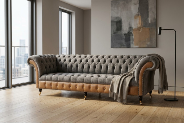 Grau-braune Chesterfield Couch Designer 4-Sitzer Luxus Couchen