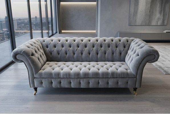 Stilvoller Grauer Chesterfield 3-Sitzer Luxus Wohnzimmer Sofa