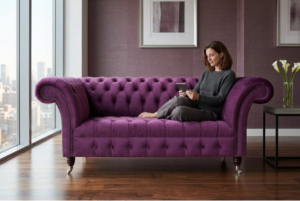 Chesterfield Design Luxus Polster Sofa Couch Sitz Garnitur Leder Textil Lila Neu