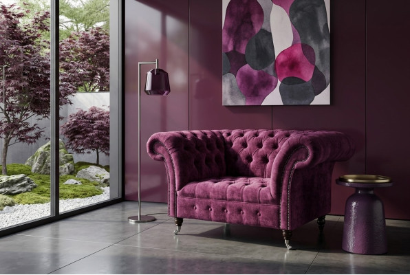 Sessel Couch Polster Sofa Textil Chesterfield Couchen 1,5 Sitzer Bordaux England