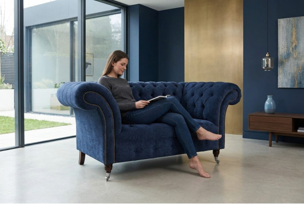 Chesterfield Sessel Couch Polster Sofa Couchen 1,5 Sitzer Einsitzer Blau Textil