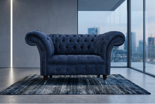 Chesterfield Sessel Couch Polster Sofa Couchen 1,5 Sitzer Einsitzer Blau Textil