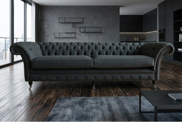 Original Chesterfield Textil Leder Sofa Couch Polster Big Sitzpolster Grau 265cm