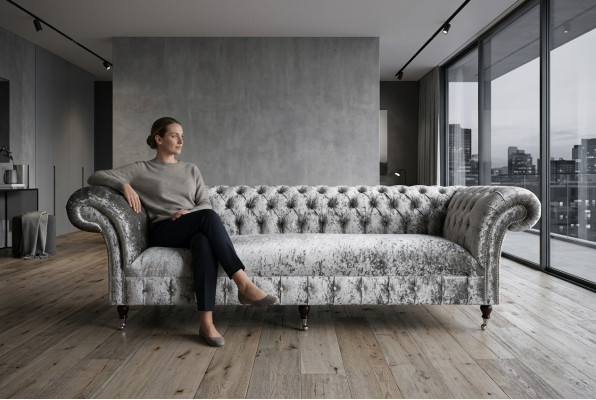 Silber Chesterfield Textil Leder Sofa Couch Polster Big Sitzpolster Neu 265cm