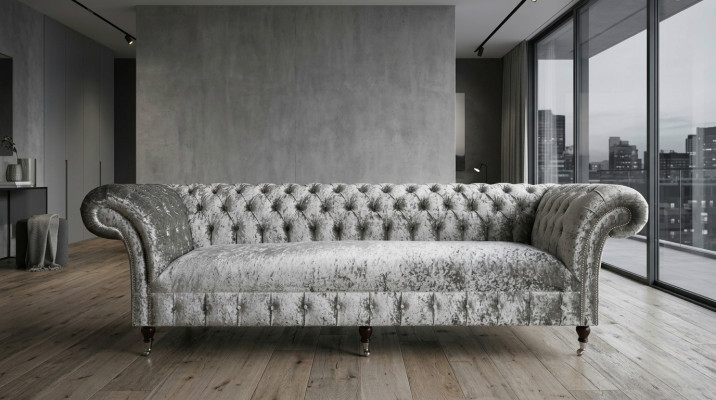 Silber Chesterfield Textil Leder Sofa Couch Polster Big Sitzpolster Neu 265cm